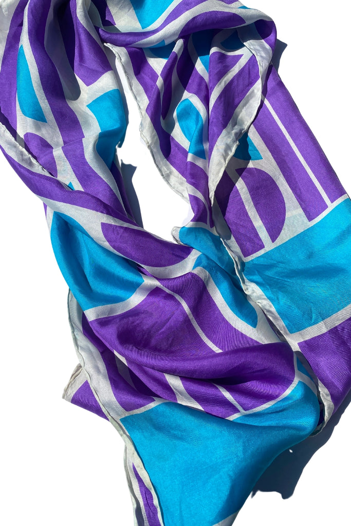 Purple and Blue Geometrics Head Scarf - Silk
