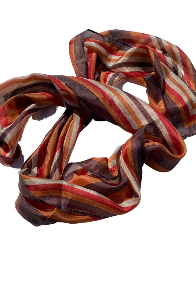 Chocolate, Red and Orange Stripe Head Scarf - Silk