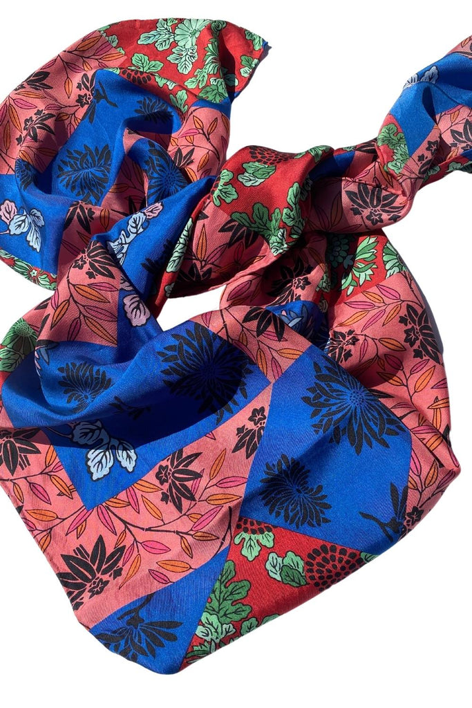 Blue and Pink Patchwork Head Scarf - Silk