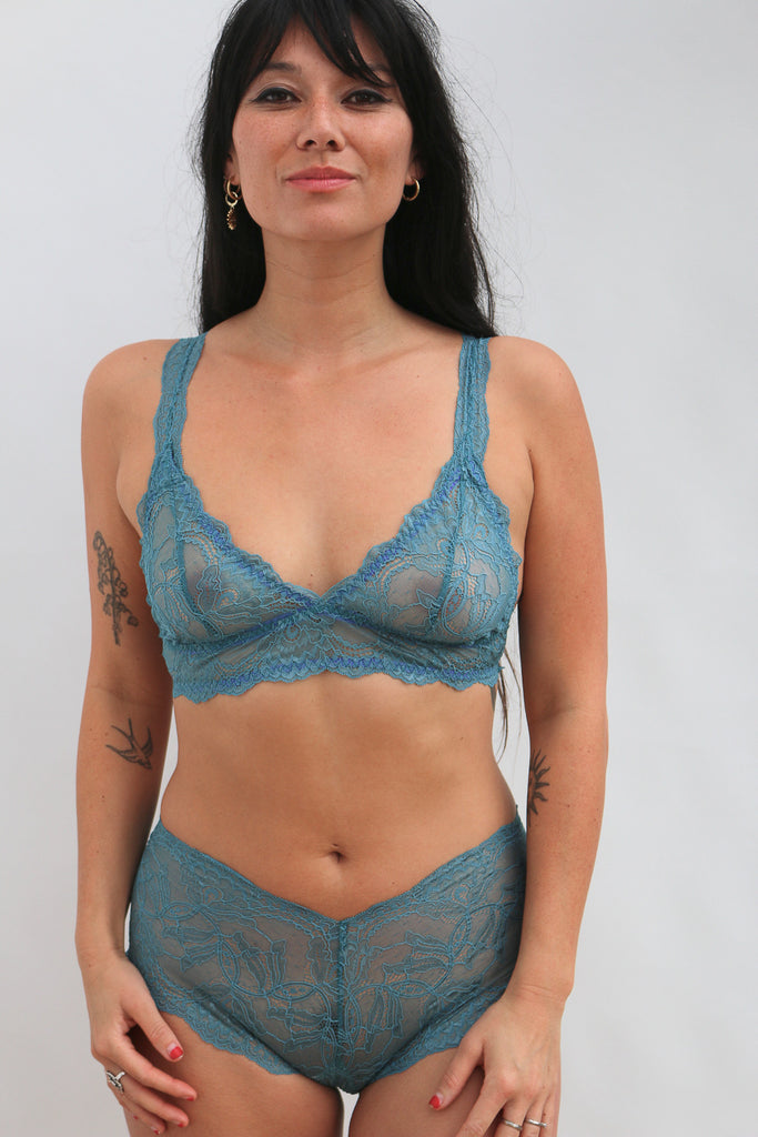 Aquamarine Lace Triangle Bralette and French Knickers