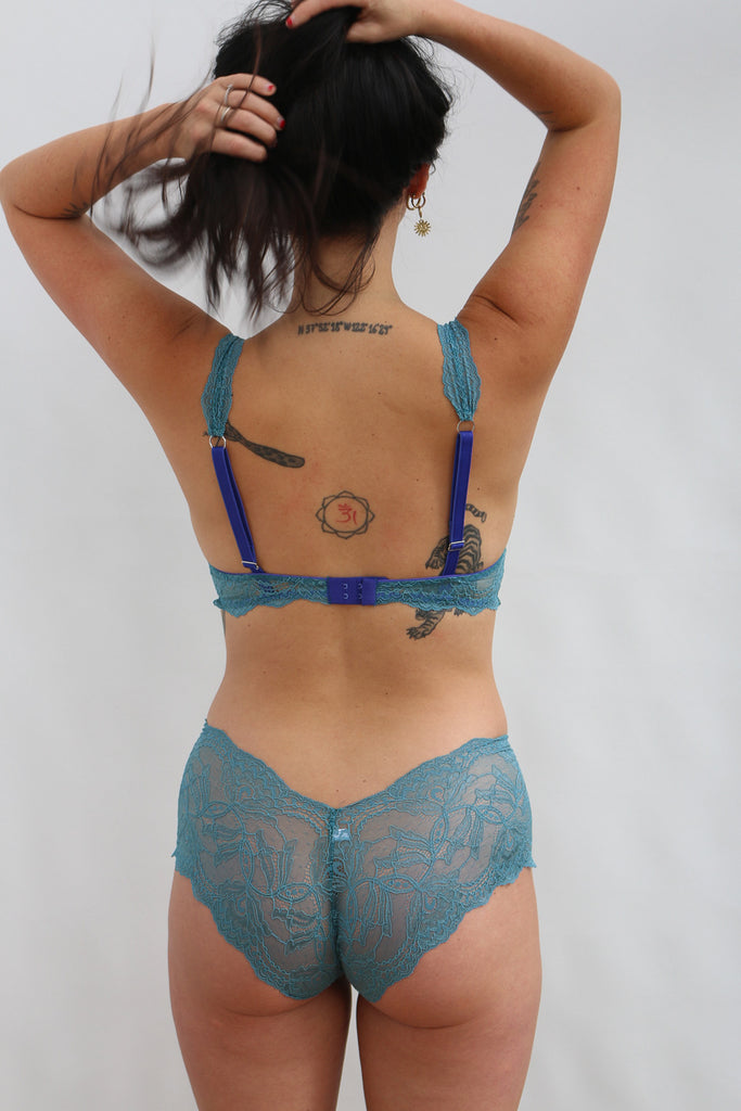 Aquamarine Lace Triangle Bralette and French Knickers
