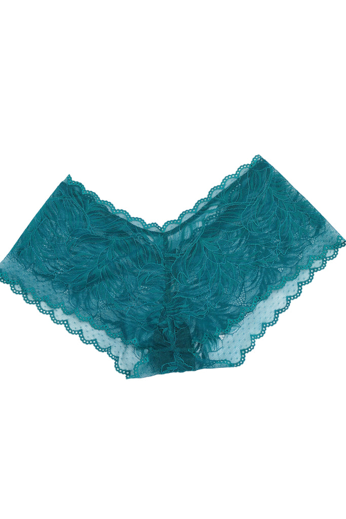 Teal lace underwear on a light blue background