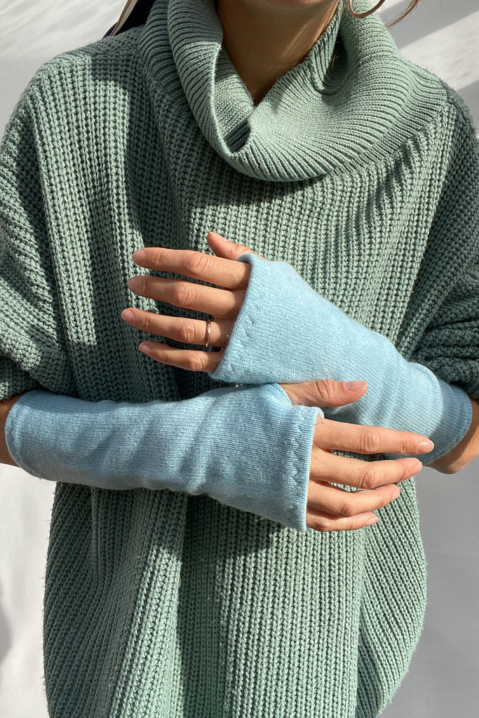 Cashmere and Wool Wrist Warmers in Pale Blue