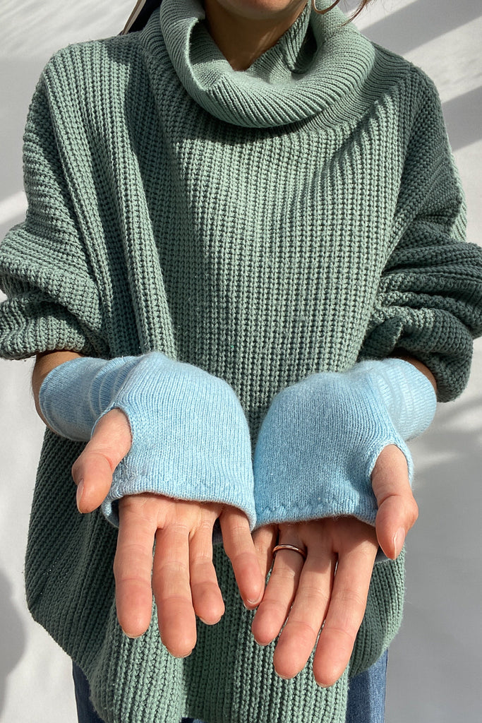 Cashmere and Wool Wrist Warmers in Pale Blue