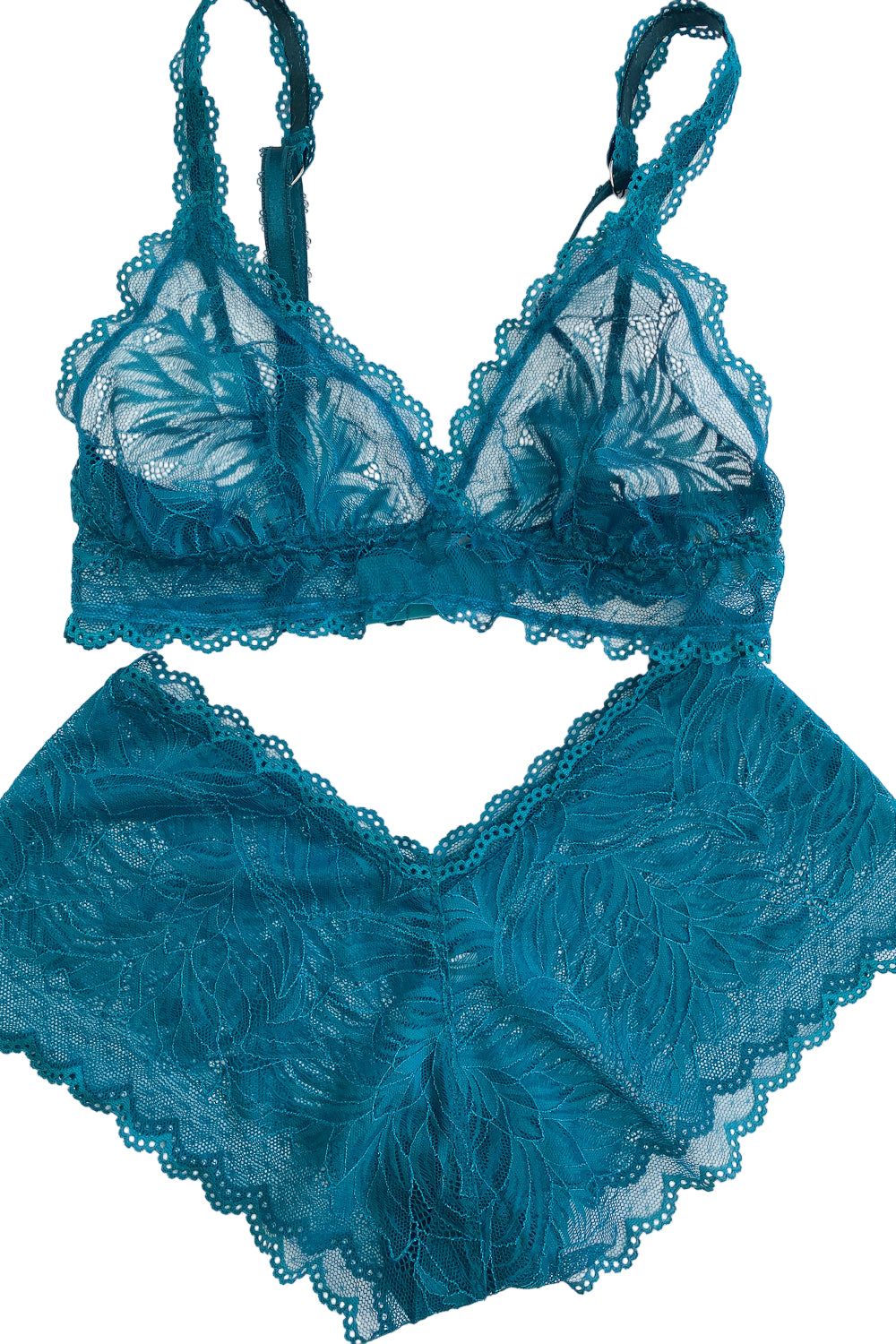 Blue Peacock Lace Triangle Bralette and French Knickers | Brighton
