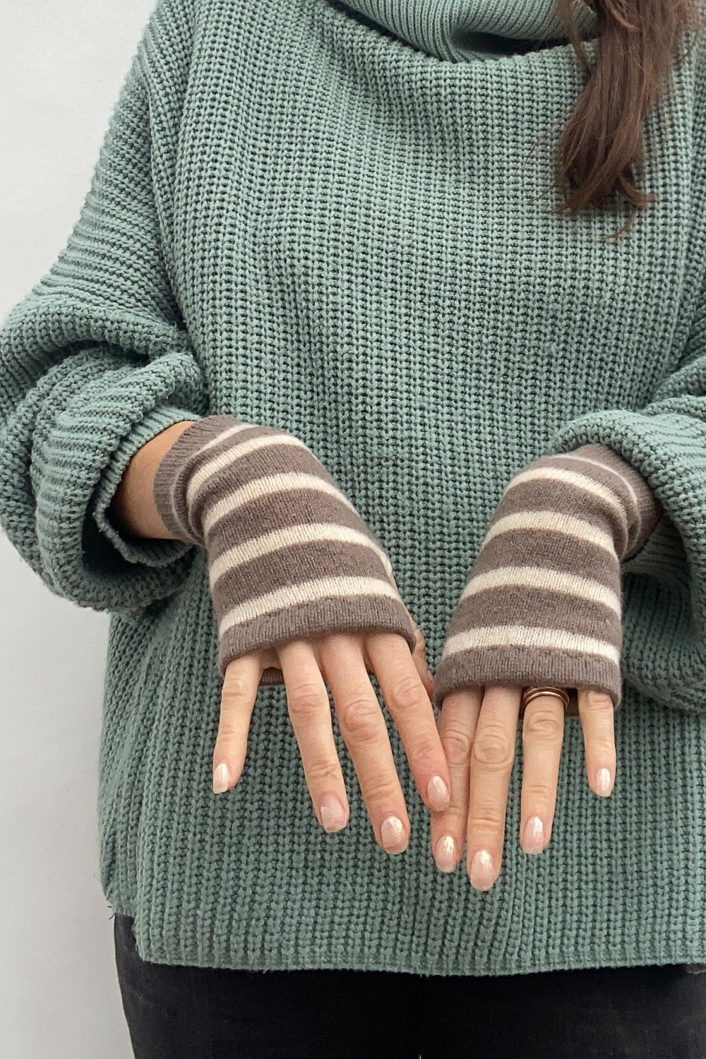 Short Wool Wrist Warmers in Stripped Beige and Vanilla | Brighton Lace
