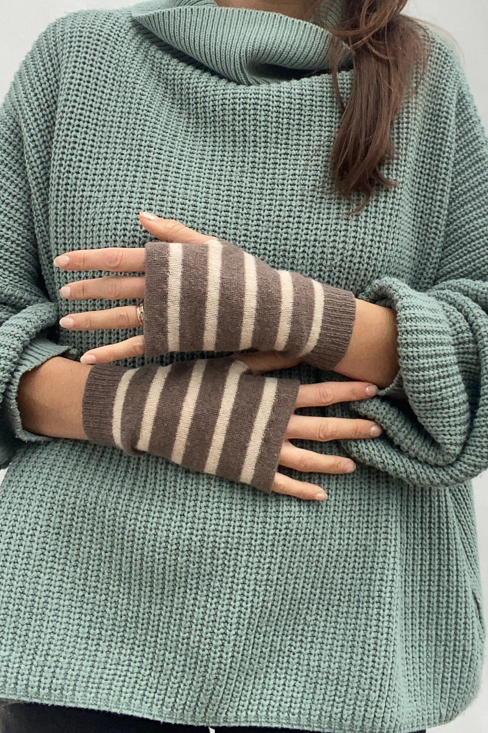 Short Wool Wrist Warmers in Stripped Beige and Vanilla | Brighton Lace