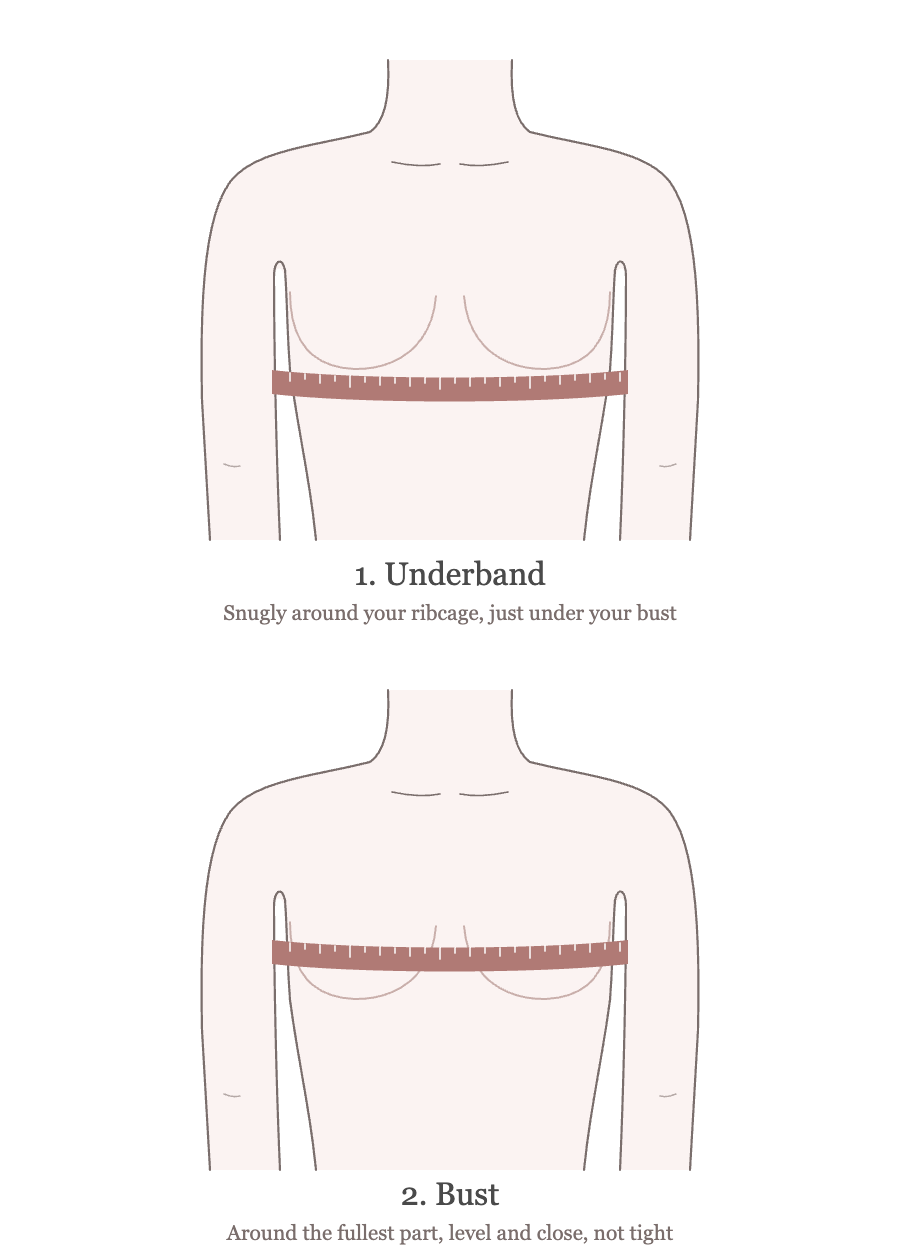 How to measure your bra size: measure your underband snugly just under your bust, then measure around the fullest part of your bust