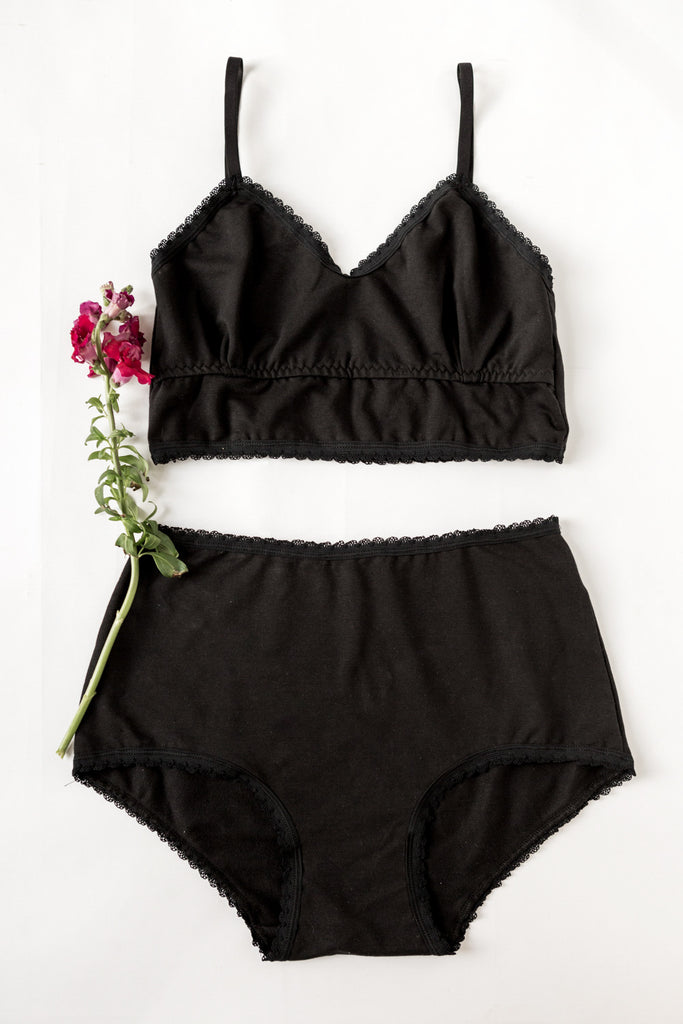 Organic Cotton Bralette and High Waisted Knicker Set in All Black