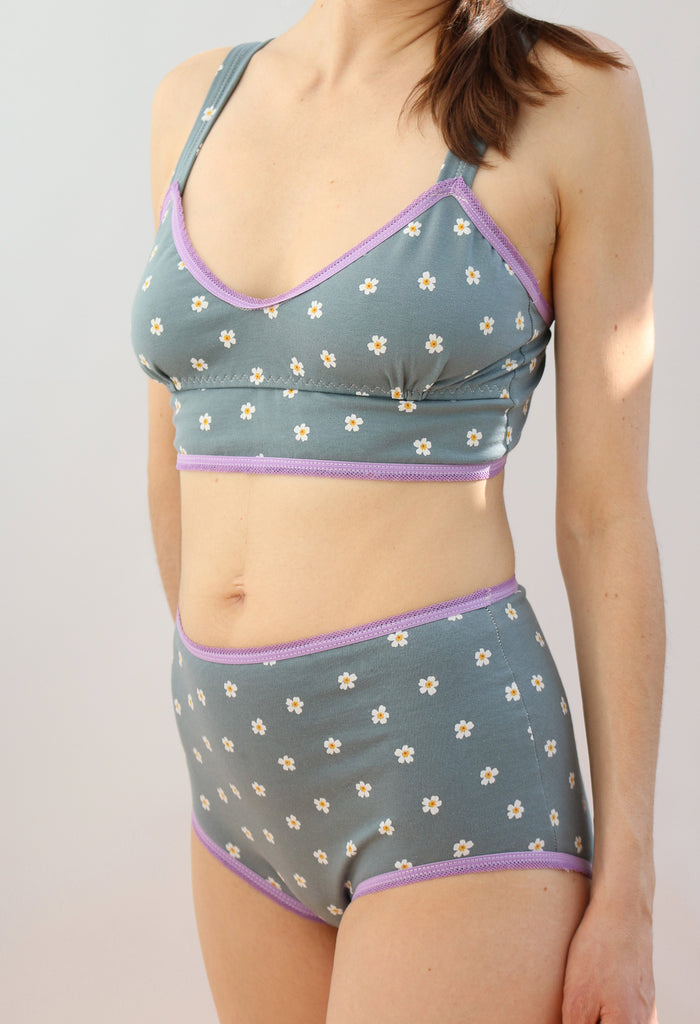 High Waisted Knickers in Slate Blue Cotton with Lilac Trim