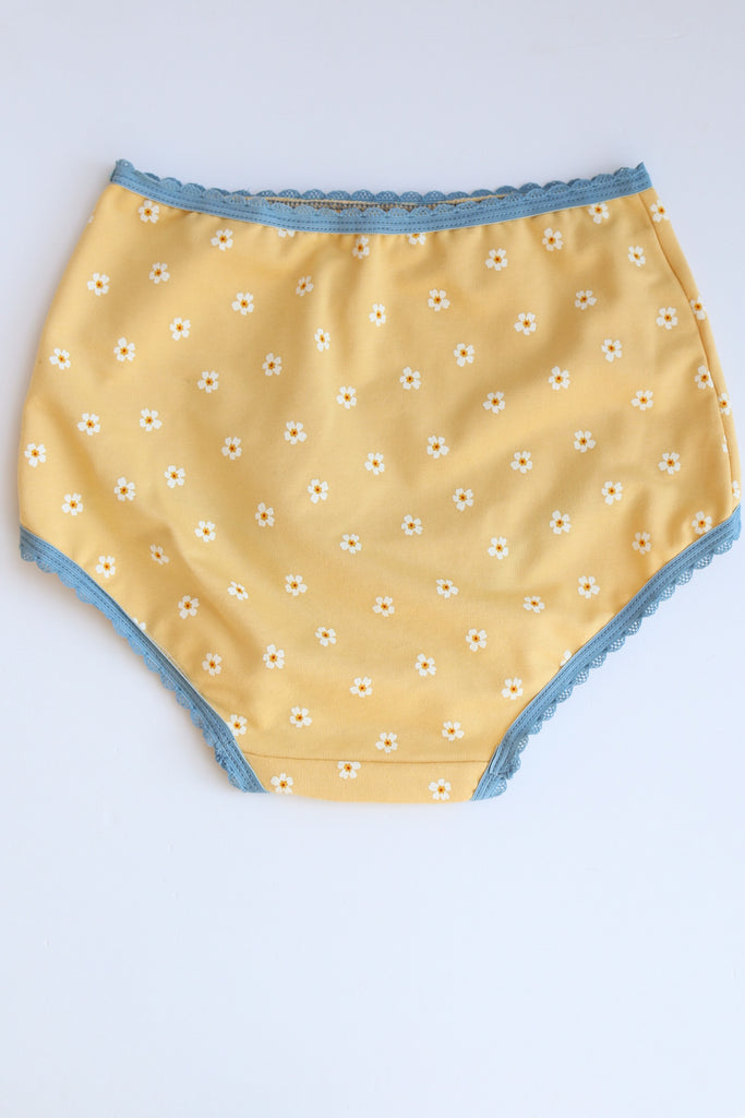 High Waisted Knickers in Honey Yellow Cotton with Pastel Blue