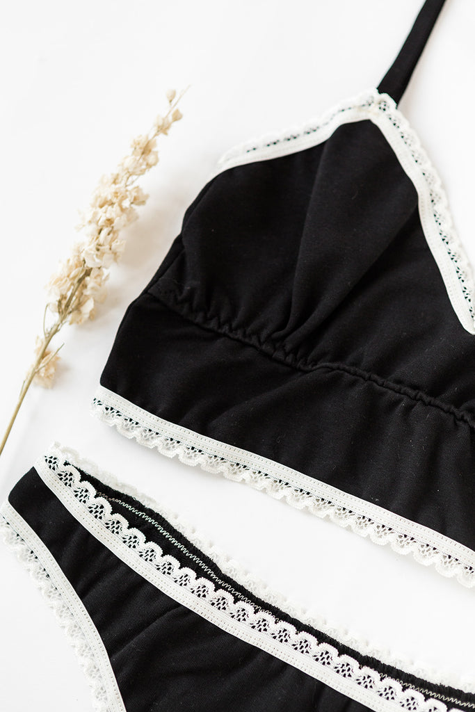 Organic Cotton Bralette and Thong Set in Black