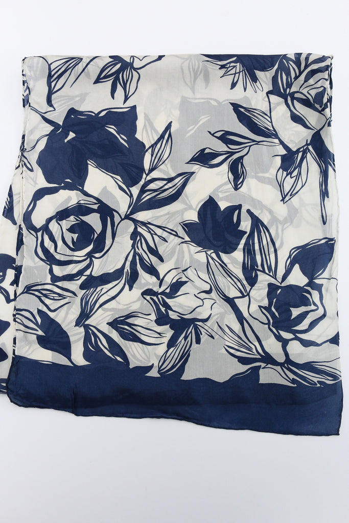 Navy and White Roses Silk Head Scarf