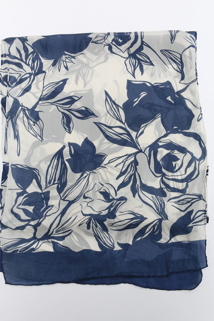 Navy and White Roses Silk Head Scarf